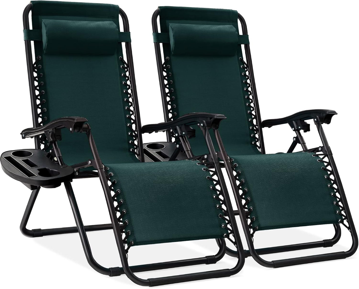 Best Choice Products Set of 2 Adjustable Steel Mesh Zero Gravity Lounge Chair Recliners w/Pillows and Cup Holder Trays - Ice Gray