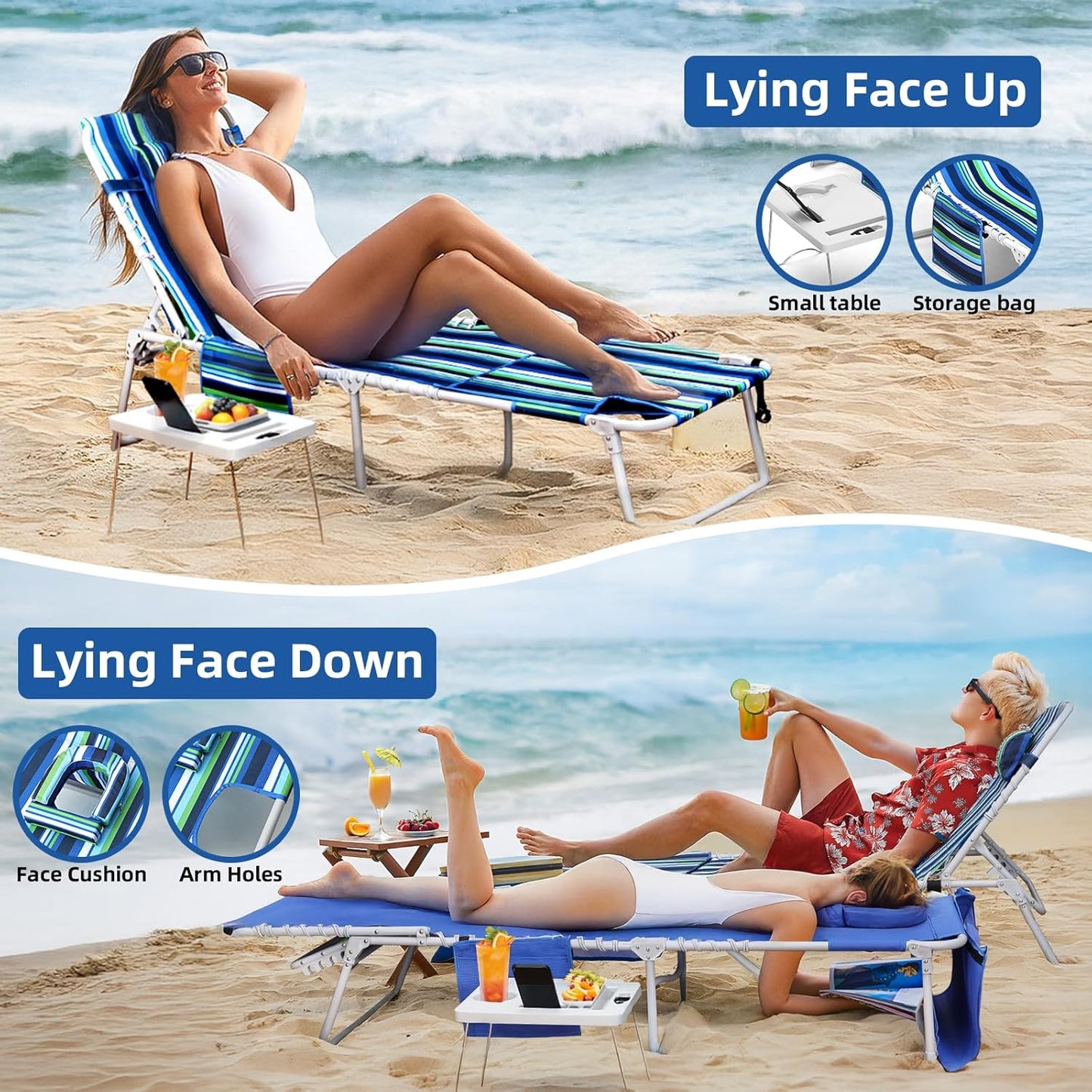 3-in-1 Beach Chair Face Holes, Lounge Chair Outdoor with Folding Side Table, 5-Position Recliner, Lay Flat, Removable Pillow, Heavy Duty, Max 330lbs, Poolside, Patio, Camping, Backyard Striped Blue