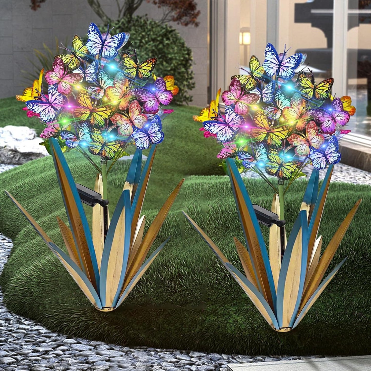 Solar Metal Agave Butterfly Flower Stick Garden Sculpture - Outdoor Gift, Christmas Lights, Swaying Butterfly, Sunflower - Solar Outdoor Statues (3 PCS Light Green)