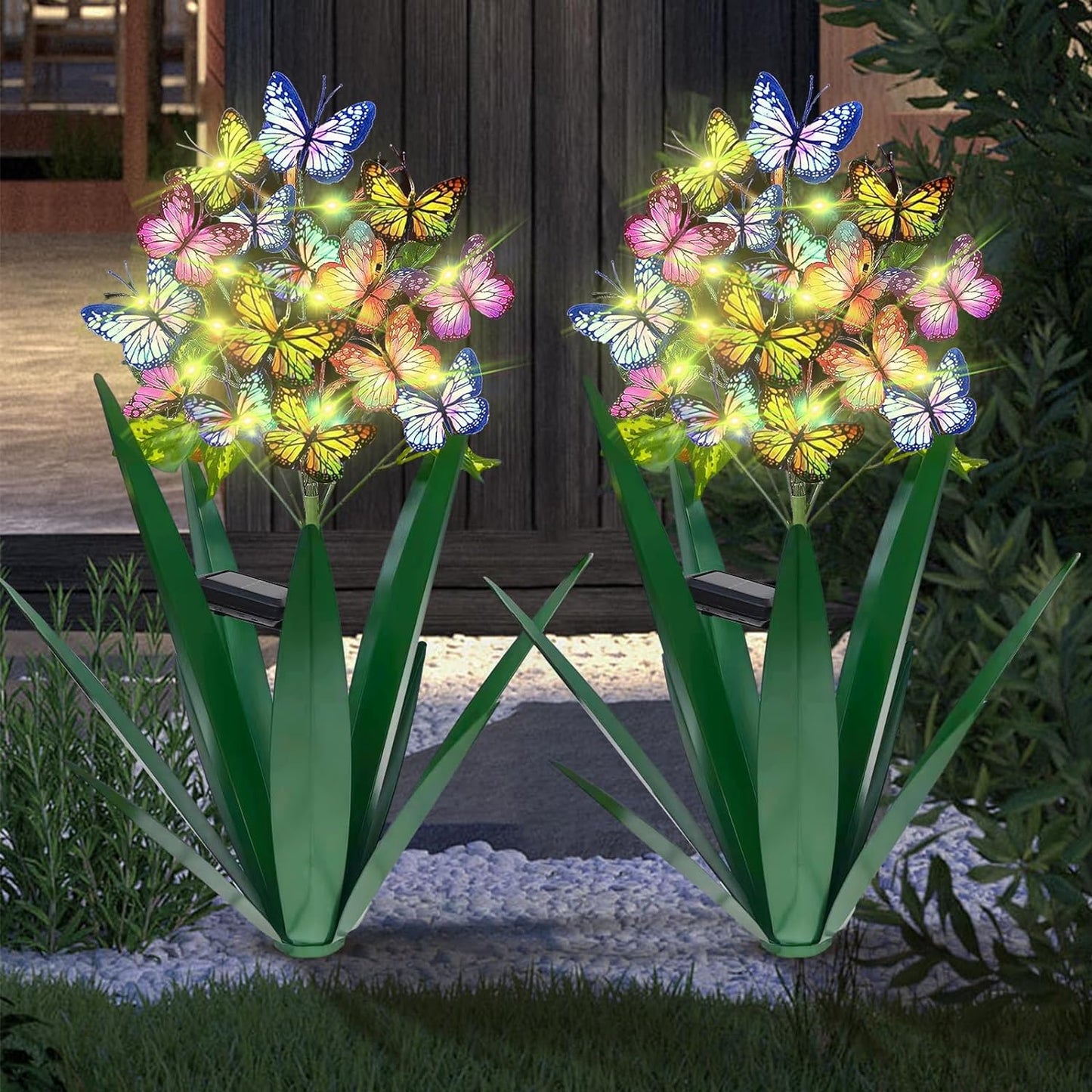 Solar Metal Agave Butterfly Flower Stick Garden Sculpture - Outdoor Gift, Christmas Lights, Swaying Butterfly, Sunflower - Solar Outdoor Statues (3 PCS Light Green)