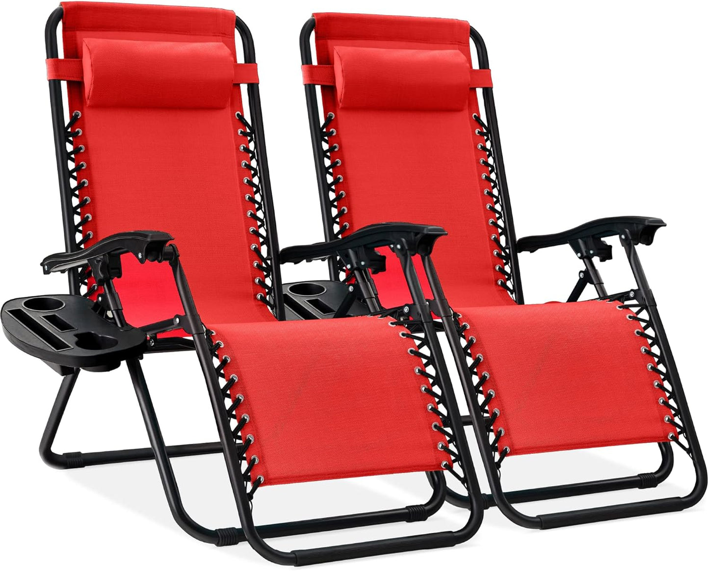 Best Choice Products Set of 2 Adjustable Steel Mesh Zero Gravity Lounge Chair Recliners w/Pillows and Cup Holder Trays - Ice Gray