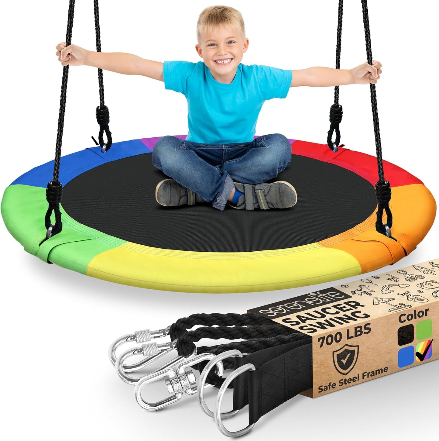 SereneLife Saucer Swing with Tree Hang Kit, 40” Outdoor Tree Swing, 2 Adjustable Hanging Rope Straps and Center Swivel Spinner for Kids (Black)
