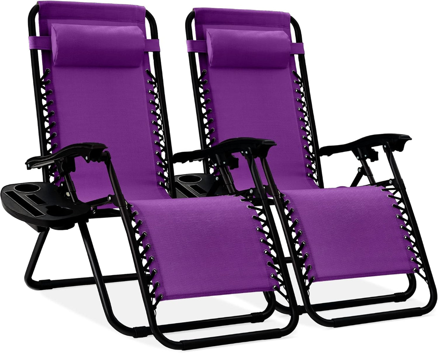 Best Choice Products Set of 2 Adjustable Steel Mesh Zero Gravity Lounge Chair Recliners w/Pillows and Cup Holder Trays - Ice Gray