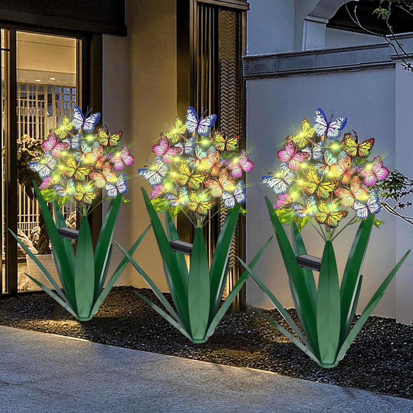 Solar Metal Agave Butterfly Flower Stick Garden Sculpture - Outdoor Gift, Christmas Lights, Swaying Butterfly, Sunflower - Solar Outdoor Statues (3 PCS Light Green)