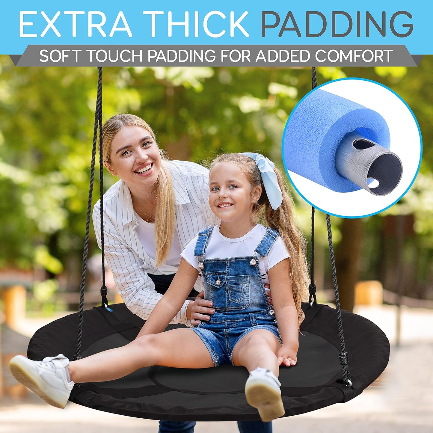 SereneLife Saucer Swing with Tree Hang Kit, 40” Outdoor Tree Swing, 2 Adjustable Hanging Rope Straps and Center Swivel Spinner for Kids (Black)