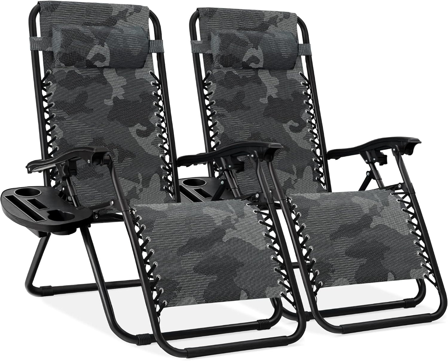Best Choice Products Set of 2 Adjustable Steel Mesh Zero Gravity Lounge Chair Recliners w/Pillows and Cup Holder Trays - Ice Gray