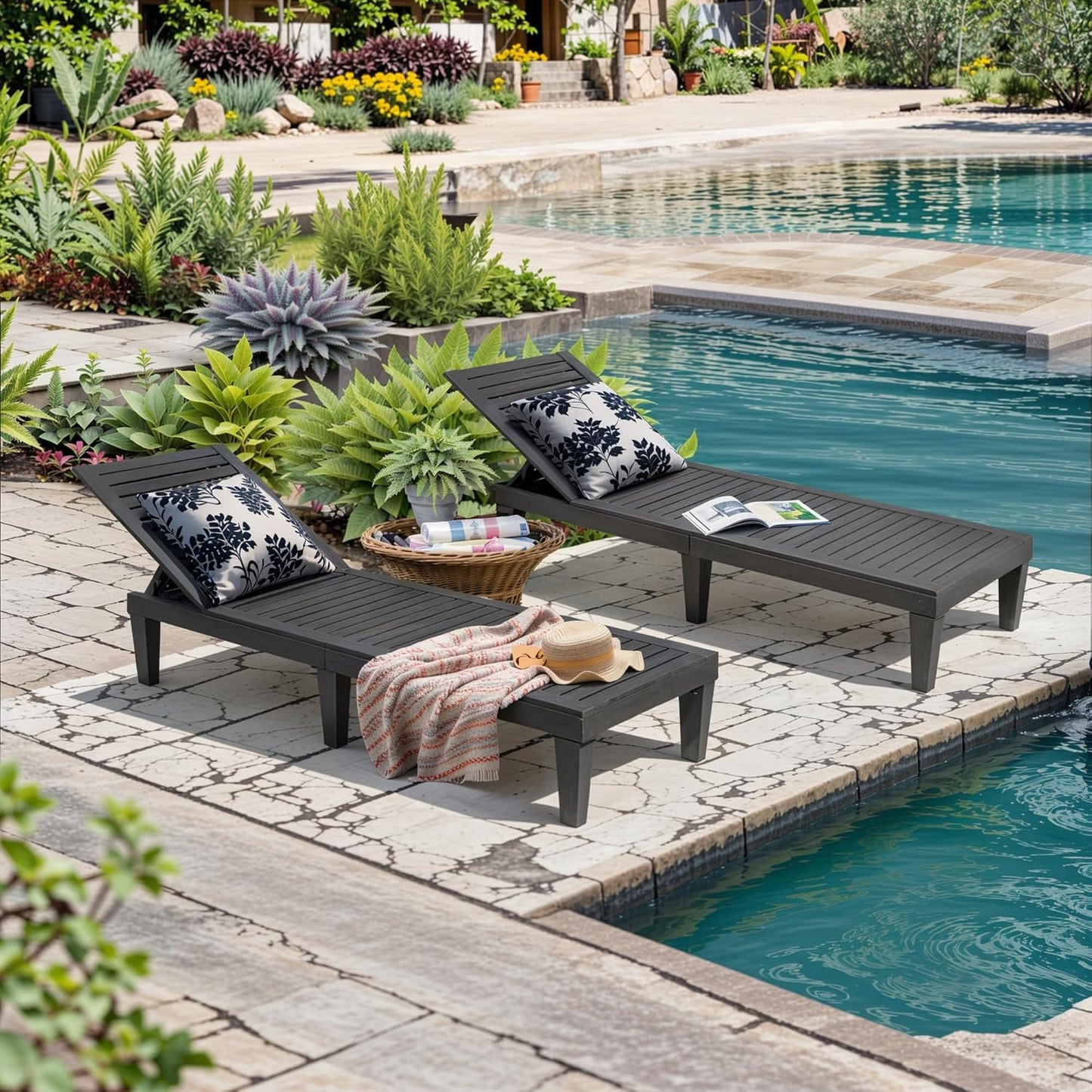 Outdoor Chaise Lounge Chair Set of 2,Lightweight Patio Chairs,Waterproof Lawn Chairs Lounge Outdoor,5-Positions Adjustable Pool Lounge Chair for Garden Beach Patio Poolside and Deck,Striped Black