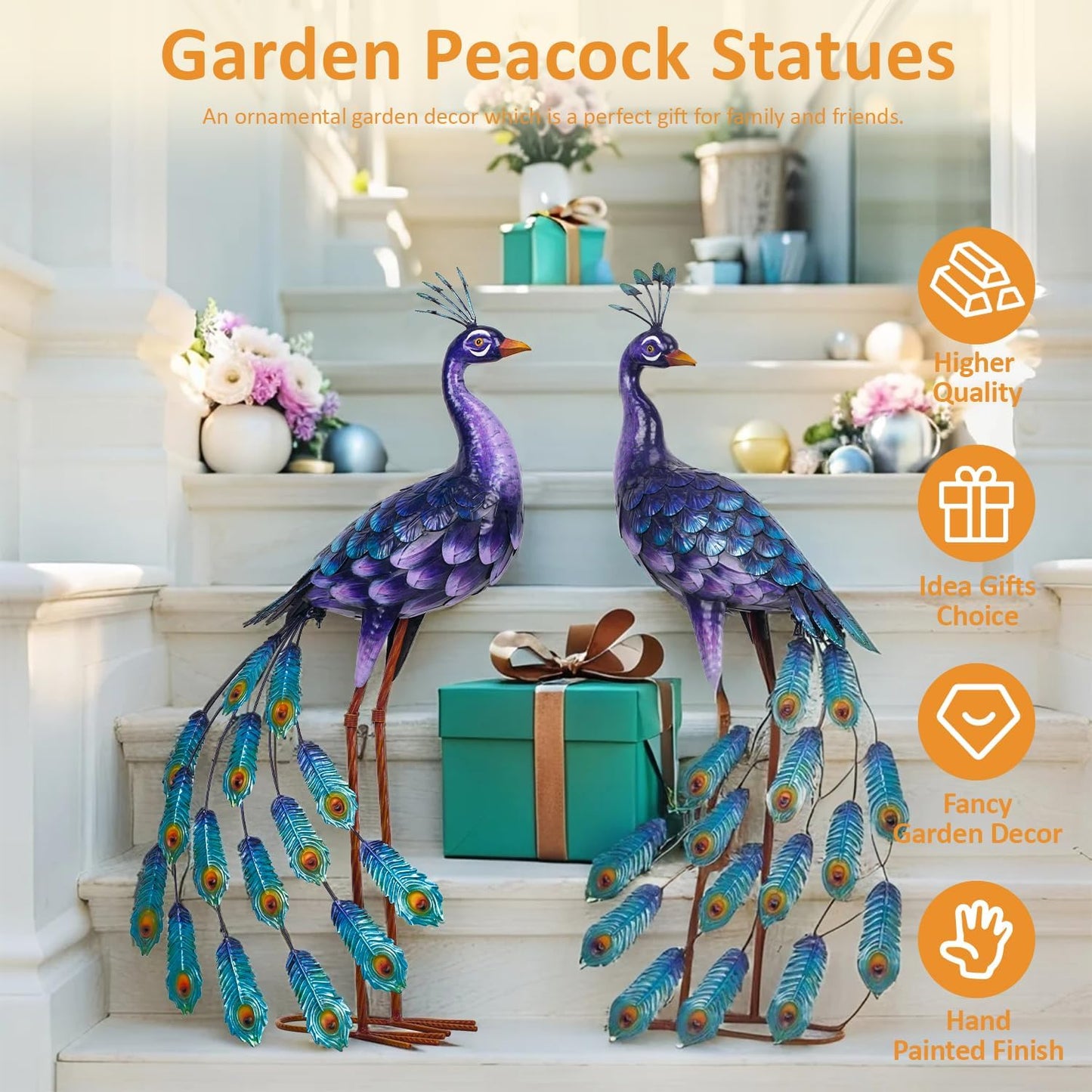 Kircust Outdoor Purple Peacock Statue Garden Art Outside Sculptures & Statues Home Decor for Courtyard Lawn Porch Home Gifts, Set of 2