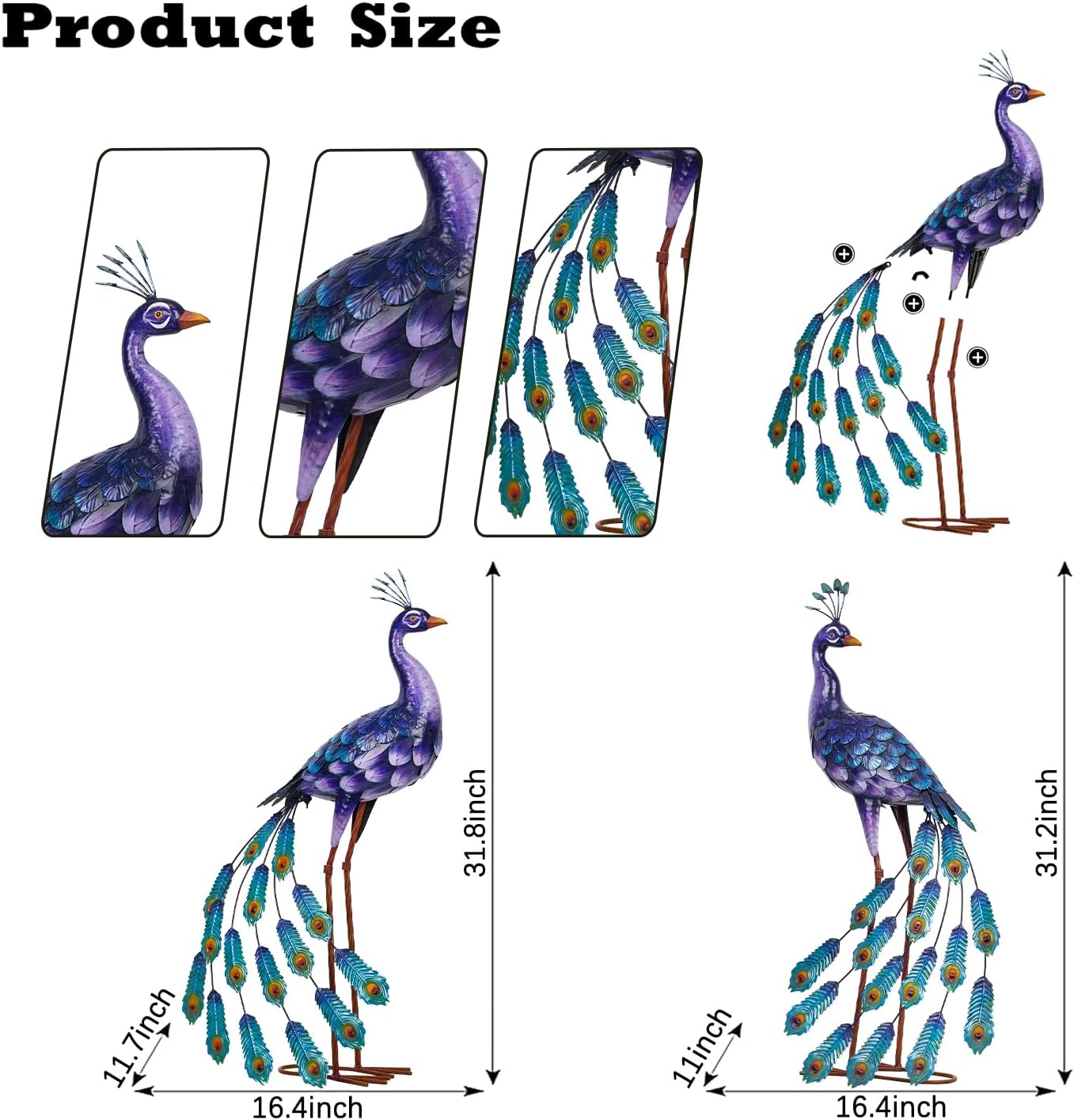 Kircust Outdoor Purple Peacock Statue Garden Art Outside Sculptures & Statues Home Decor for Courtyard Lawn Porch Home Gifts, Set of 2