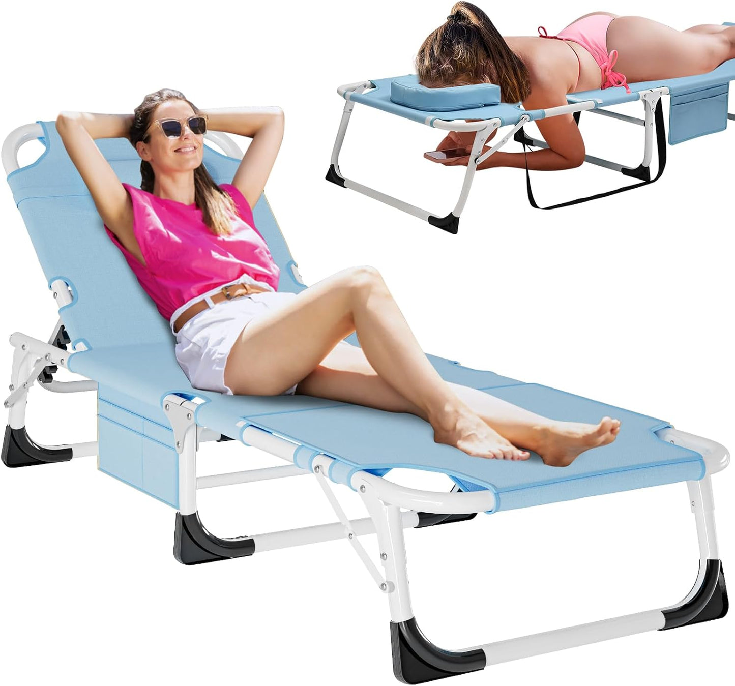 DoCred Heavy Duty Chaise Lounge Chair, Adjustable 5-Position Folding Chaise Lounge Chairs for Outside, Portable Lay Flat Beach Lounge Chair for Outdoor Sunbathing Beach Pool Lawn Camping