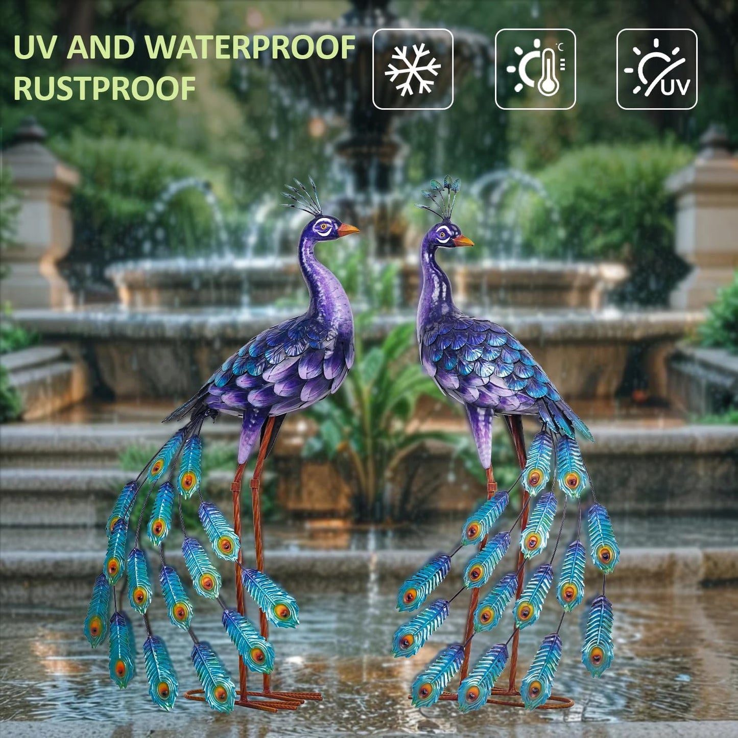 Kircust Outdoor Purple Peacock Statue Garden Art Outside Sculptures & Statues Home Decor for Courtyard Lawn Porch Home Gifts, Set of 2