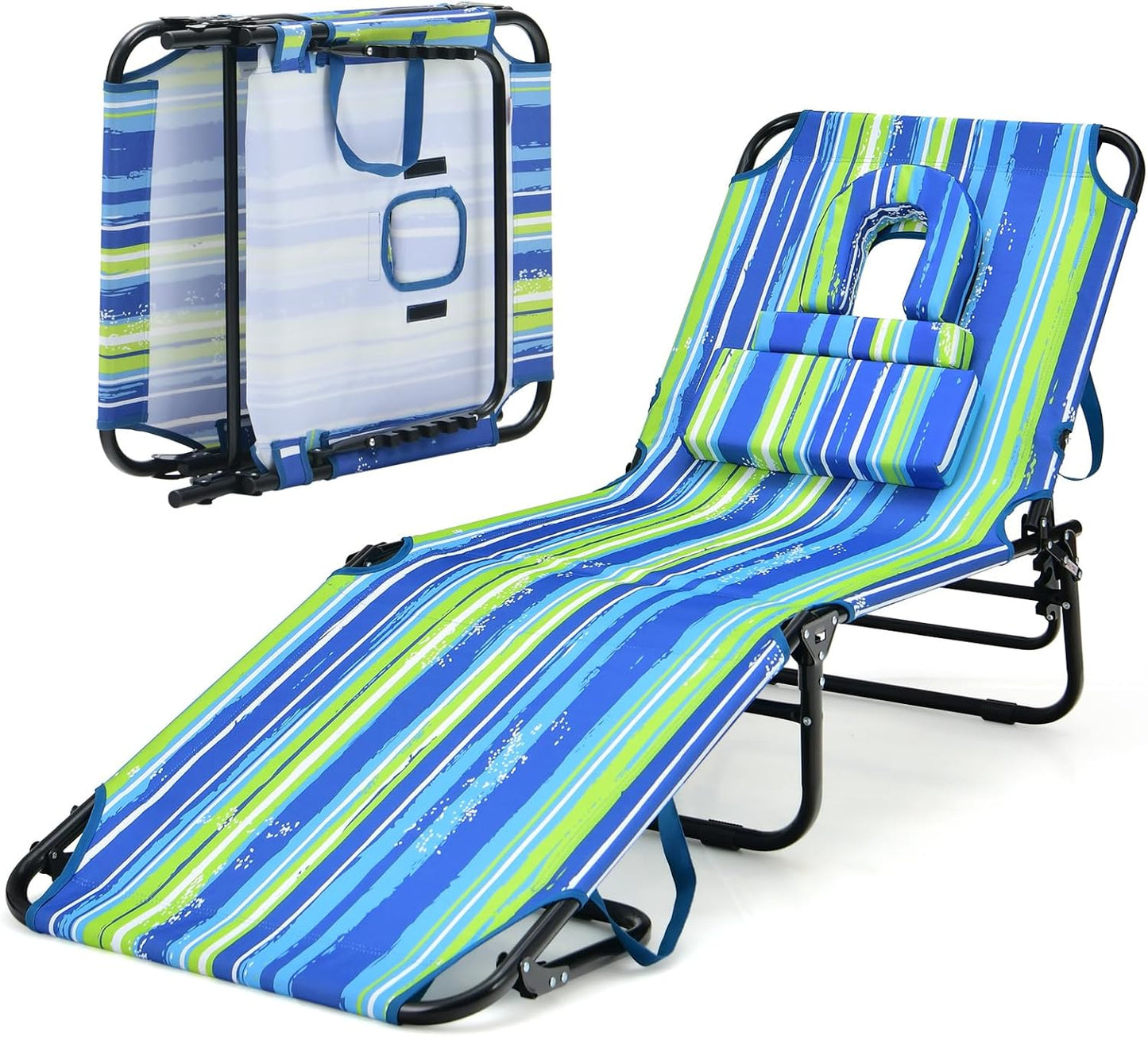 Folding Beach Lounge Chair w/ 5 Adjutable Backrest & Padded Pillow, Sunbathing Lounger Chair, Sun Tanning Lay Flat Chair for Seaside Pool Deck, Max Load 330 LBS, No Assembly Required (Beige)
