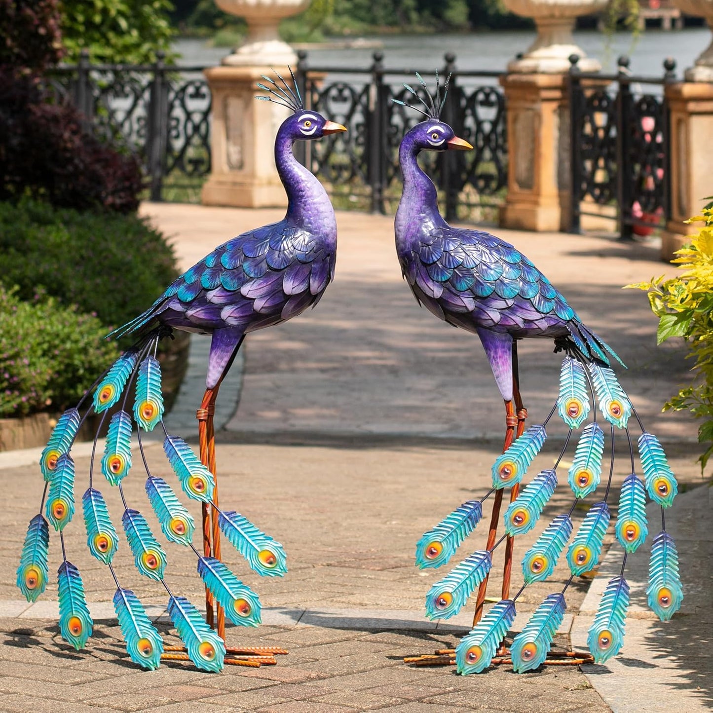Kircust Outdoor Purple Peacock Statue Garden Art Outside Sculptures & Statues Home Decor for Courtyard Lawn Porch Home Gifts, Set of 2