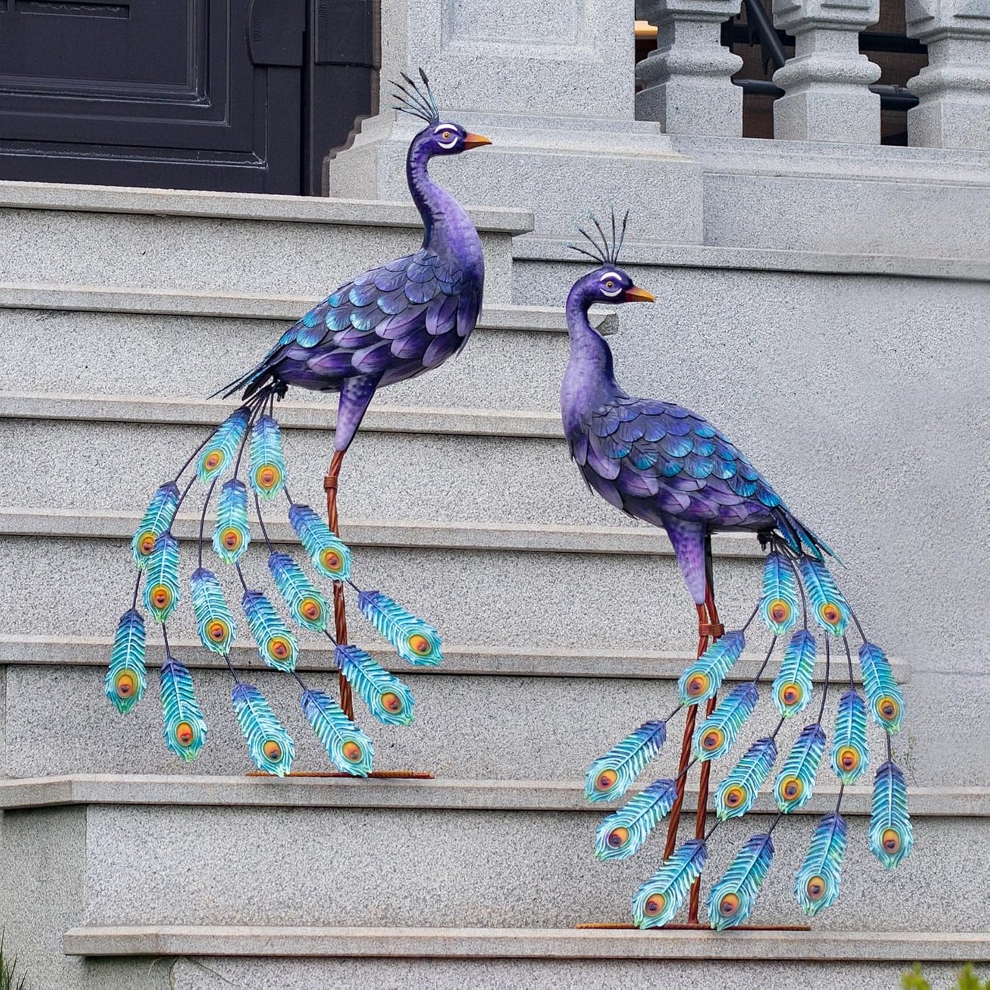 Kircust Outdoor Purple Peacock Statue Garden Art Outside Sculptures & Statues Home Decor for Courtyard Lawn Porch Home Gifts, Set of 2