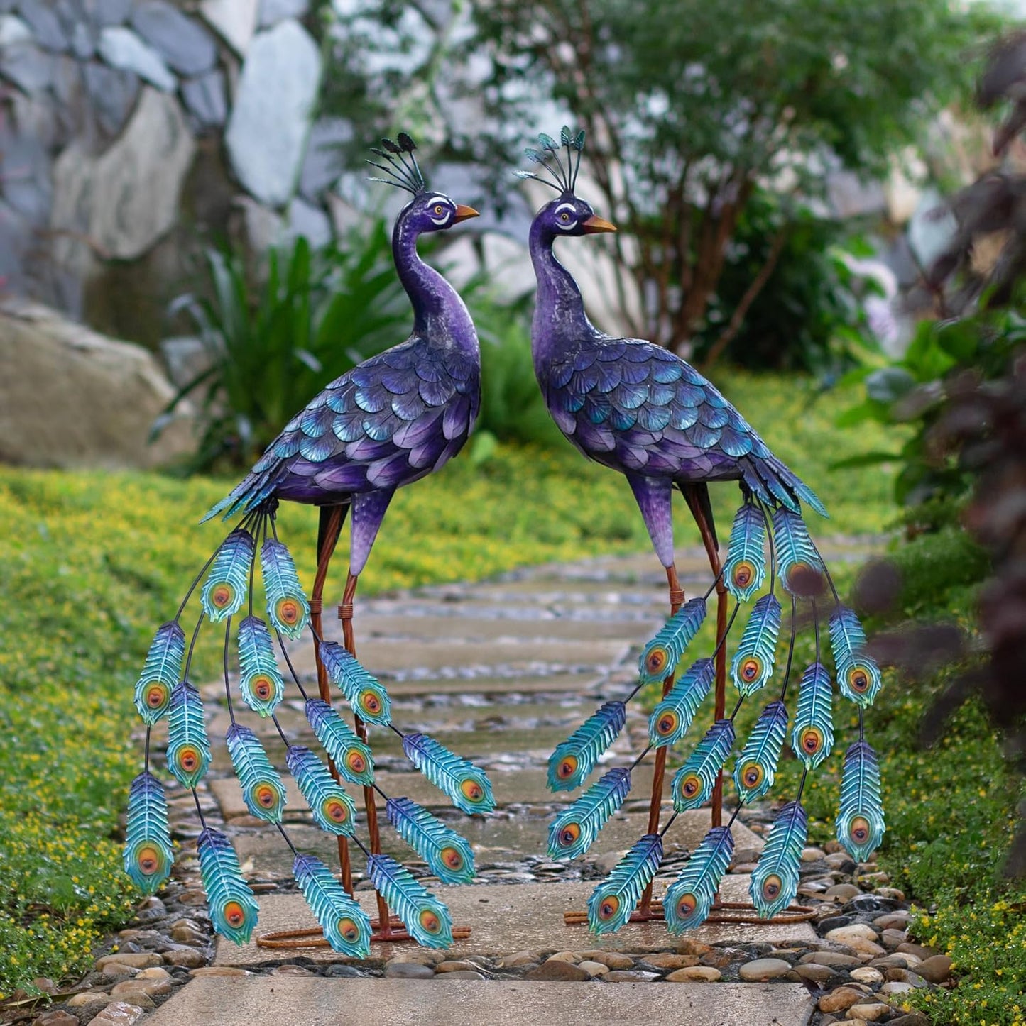Kircust Outdoor Purple Peacock Statue Garden Art Outside Sculptures & Statues Home Decor for Courtyard Lawn Porch Home Gifts, Set of 2